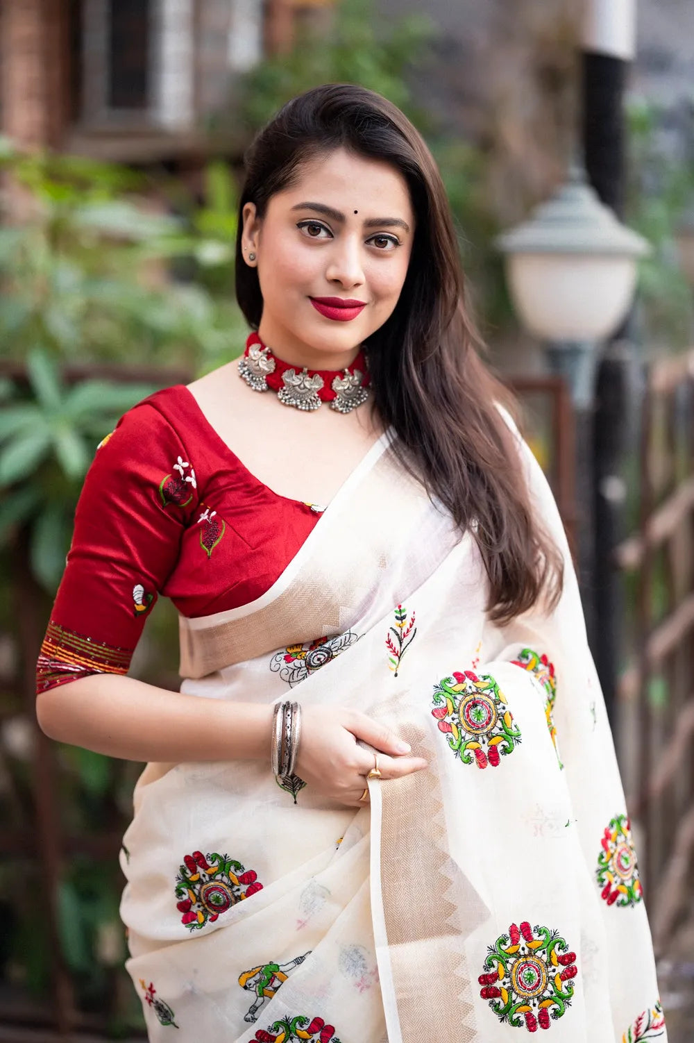 Premium Ivory Linen Saree with Raasleela Embroidery & Gold Zari Temple Border